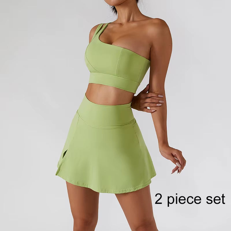 Yoga Skirt Set Women Workout Sport Gym Wear Suit High Wais Fitness Crop Top Female Tennis Sportswear One Shoulder Bra