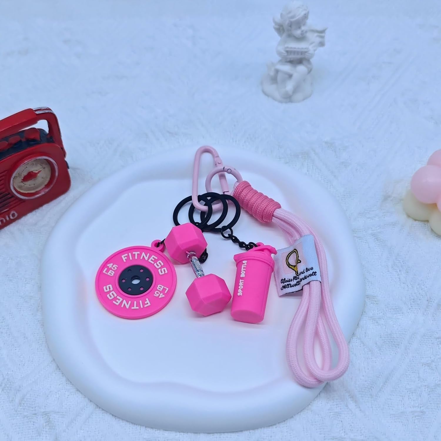 Silicone Dumbbell Keychain with Boxing Gloves Bag Purse Charms Fitness Gift for Gym Lover
