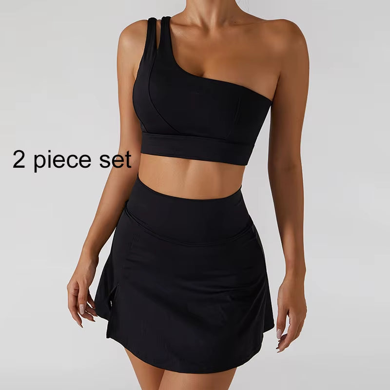 Yoga Skirt Set Women Workout Sport Gym Wear Suit High Wais Fitness Crop Top Female Tennis Sportswear One Shoulder Bra