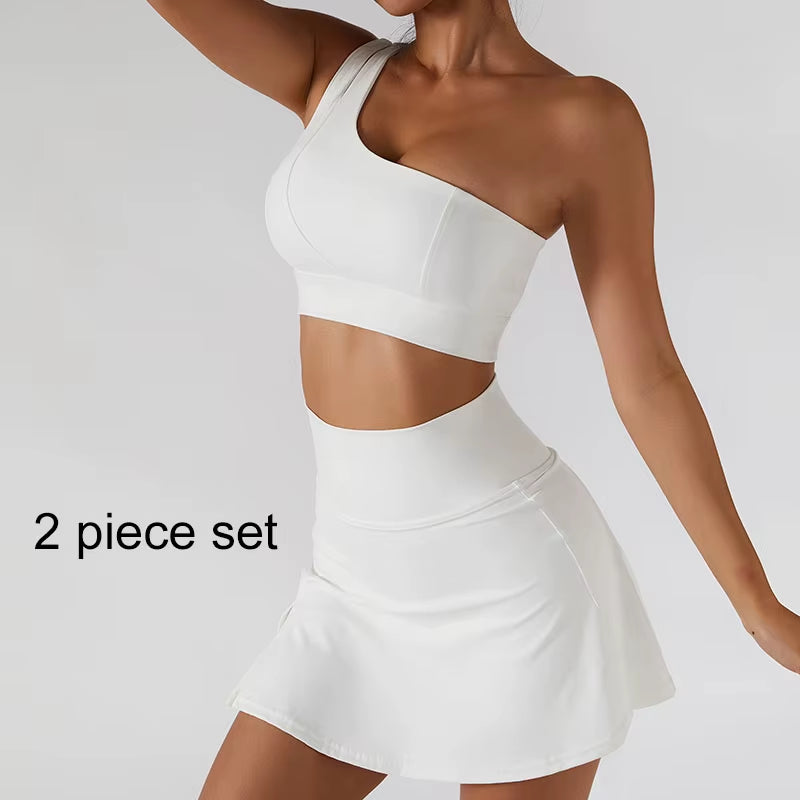 Yoga Skirt Set Women Workout Sport Gym Wear Suit High Wais Fitness Crop Top Female Tennis Sportswear One Shoulder Bra