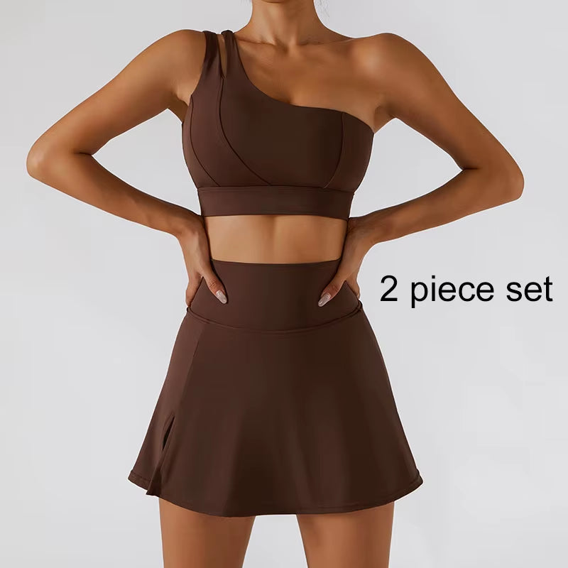 Yoga Skirt Set Women Workout Sport Gym Wear Suit High Wais Fitness Crop Top Female Tennis Sportswear One Shoulder Bra